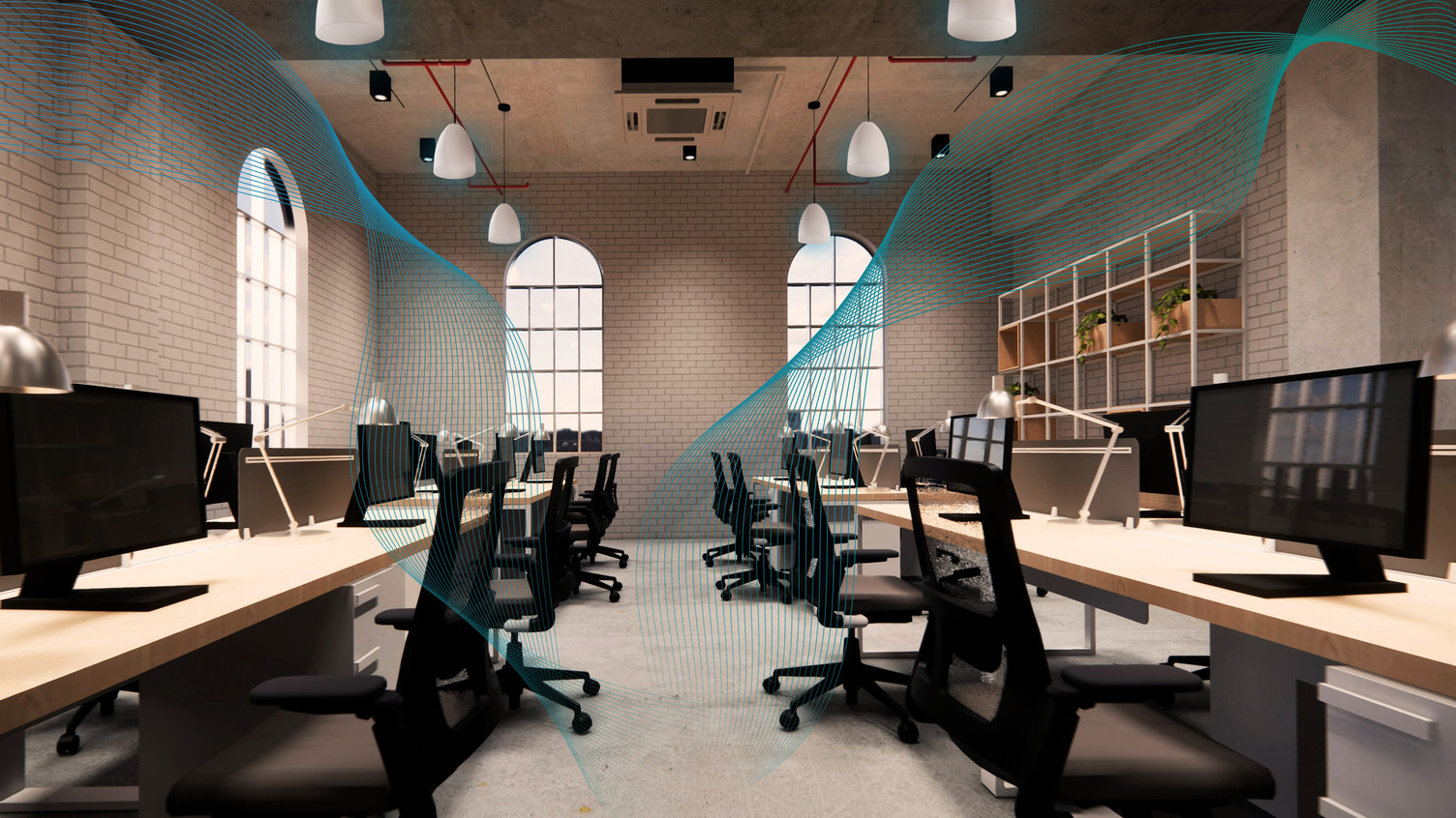 An open concept office with BCS300 speakers inside a pendant kit with wiring on the ceiling