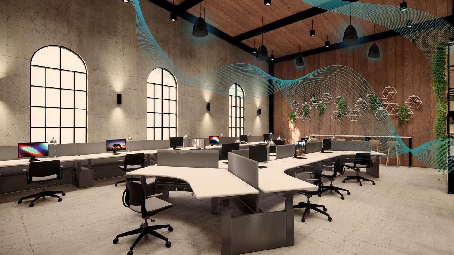 An open space office with Bluesound Professional BCS300 speakers inside a pendant kit